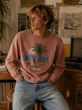 Peach Blue Ron Jon Graphic Sweatshirt Green Surf Beach Costal Size Small